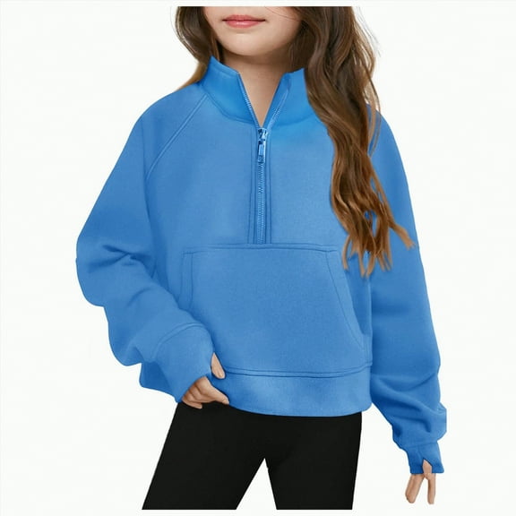 TOWED22 Girls Half Zip Sweatshirt Quarter Zip Pullover Sweatshirts Thumb Hole Fall Clothes for Teen Girls(Blue,13-14 Years)