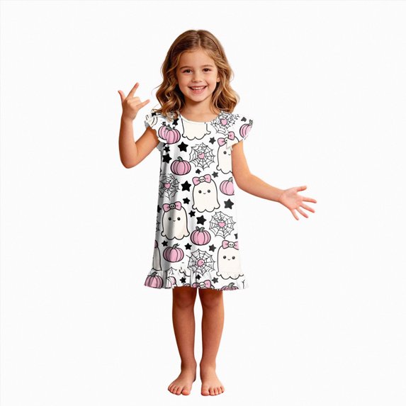 TOWED22 Girls Halloween Dress Kids A-Line Ruffle Bottom Dresses Ghost Pumpkin Print Outfit Flutter Sleeve Cute Party Clothes