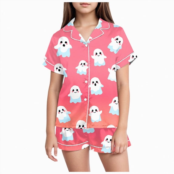 TOWED22 Girls Halloween Pajama Set Short Sleeve Button Down Silky Satin Girls PJS Kids Sleepwear Fall Winter Nightwear Loungewear Set for 2-13 Years(Pink,10-11 Y)