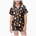 thumbnail image 1 of TOWED22 Girls Halloween Satin Pajamas Set Short Sleeve Sleepwear Button Down Loungewear 2 Piece Pjs Shorts Set for 2-13 Years(Black,2-3 Y), 1 of 4
