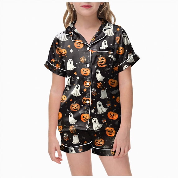 TOWED22 Girls Halloween Satin Pajamas Set Short Sleeve Sleepwear Button Down Loungewear 2 Piece Pjs Shorts Set for 2-13 Years(Black,2-3 Y)