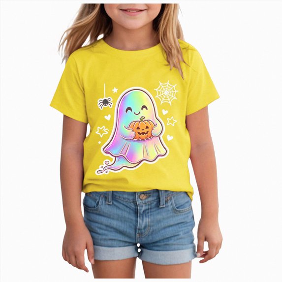 TOWED22 Girls Halloween Shirt Cute Pumpkins Ghost Cotton Spooky Season Short Sleeve Tees Tops