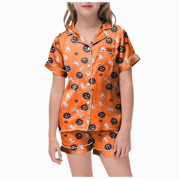 TOWED22 Girls Halloween Silk Satin Pajamas Short Sleeve PJS Shorts Set Soft Ghost Pumpkin Print Button Down Sleepwear 2 Piece Loungewear,10-11 Y