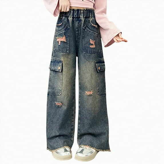 TOWED22 Girls Jeans, Baggy Jeans Y2k for Girls with Bows Ribbon High Waisted Trousers Kids Casual Y2k Streetwear with Pockets(Pink,13-14 Y)