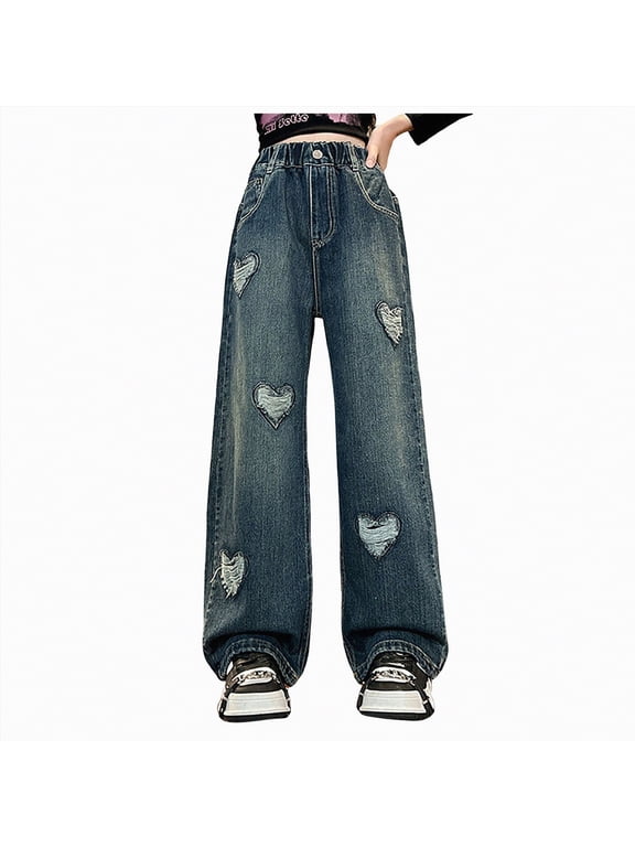 Jeans for Girls Wide Leg Baggy Denim Pants Cute High Waisted Trousers Kids Casual Y2k Streetwear with Pockets Blue,10-11 Y