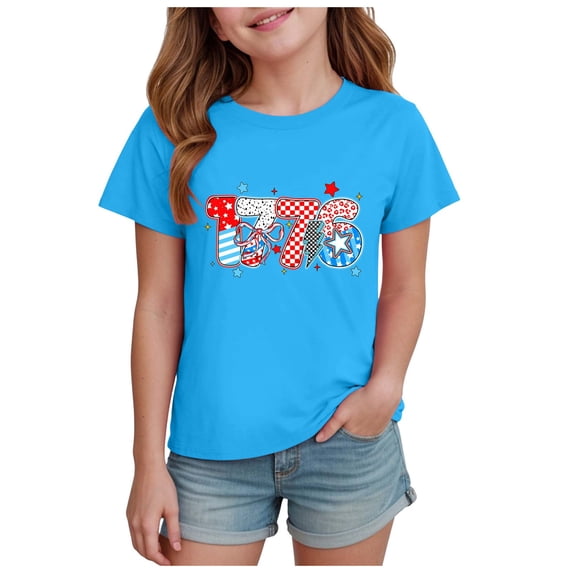 TOWED22 Girls July 4th Tops Patriotic Shirt American Flag Short Sleeve Tshirts for Girl(Blue,3-4 Y)