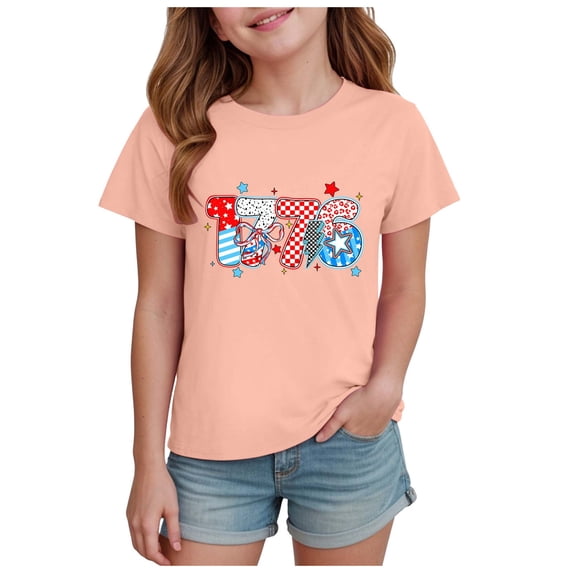 TOWED22 Girls July 4th Tops Patriotic Shirt American Flag Short Sleeve Tshirts for Girl(Light Pink,5-6 Y)