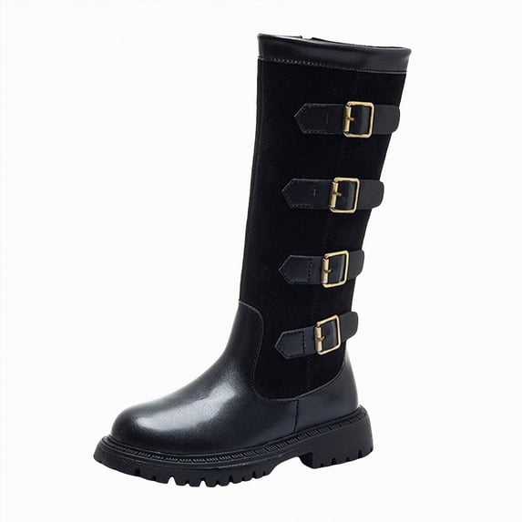 TOWED22 Girls Knee-High Fashion Boot Side Zipper and Buckle Strap Riding Boots(Black,10.5)