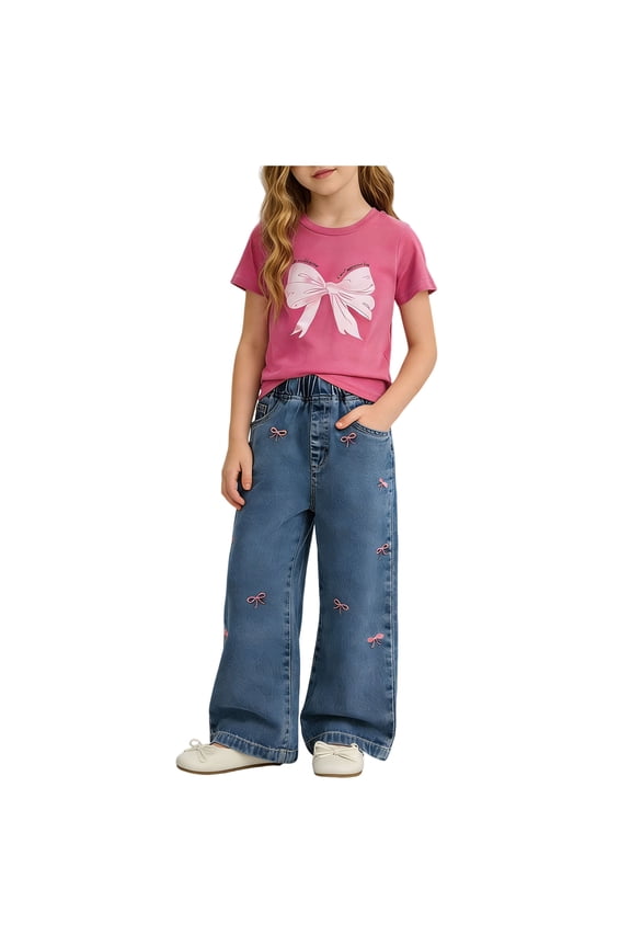 Girls Outfits Summer Clothes Sweet Casual Set Cloud Print Tee Lightweight Flare Pants Hot Pink,4-5 Y