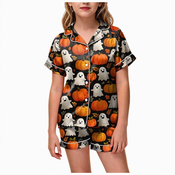 TOWED22 Girls Pajama Sets Halloween Silk Pjs Cute Pumpkin Ghost Graphic Button Down Satin Pajama Set Sleepwear 2 Piece Pajama Sets,10-11 Y