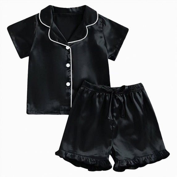TOWED22 Girls Pajamas Silk Satin Pajama Set Button Pjs Ruffle Sleepwear 2 Piece Nightwear,1-2 Y