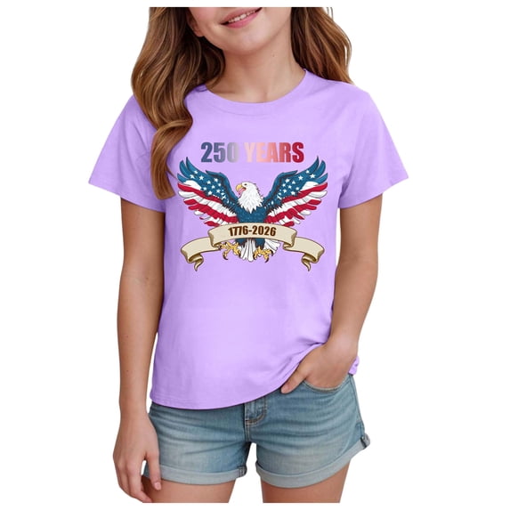 TOWED22 Girls Patriotic Kids Tops Independence Day Tshirts American Flag Graphic Tee Short Sleeve Shirt(Purple,7-8 Y)