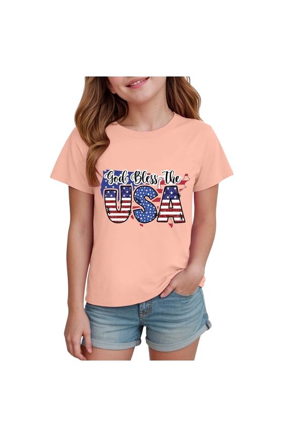 Girls Patriotic Shirts 4th of July Shirt Kids USA Shirts American Flag Tshirt Tops(Light Pink,5-6 Y)