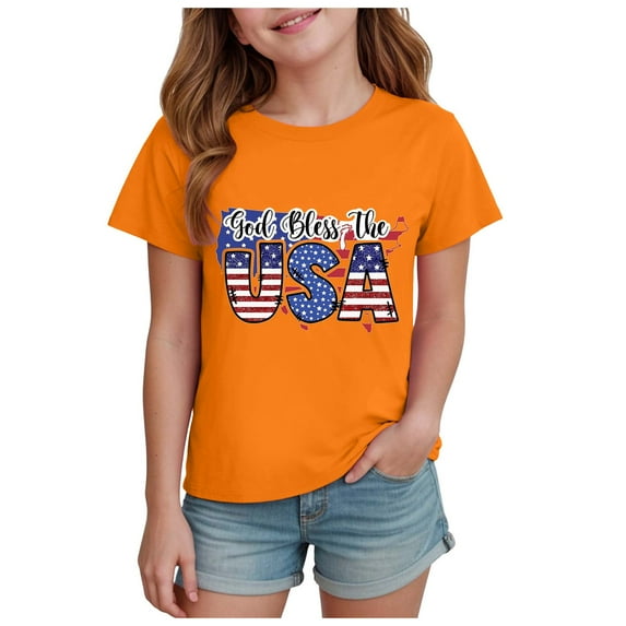 TOWED22 Girls Patriotic Shirts 4th of July Shirt Kids USA Shirts American Flag Tshirt Tops(Orange,5-6 Y)