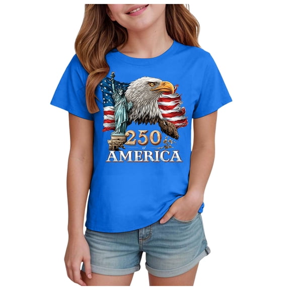 TOWED22 Girls Patriotic T-Shirts 250Th America Anniversary Graphic Tee Short Sleeve Shirt Independence Day Kids Tops Ages 1-14(Blue,3-4 Y)