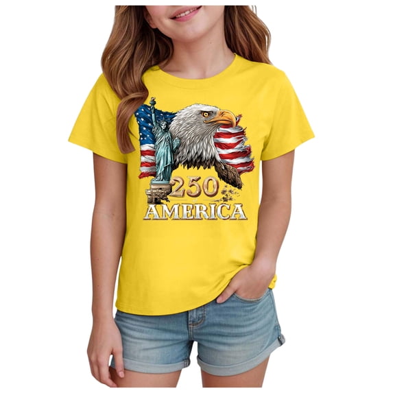 TOWED22 Girls Patriotic T-Shirts 250Th America Anniversary Graphic Tee Short Sleeve Shirt Independence Day Kids Tops Ages 1-14(Yellow,9-10Y)