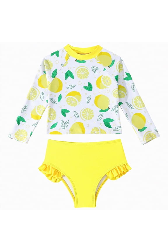 Girls Rash Guard Set Long Sleeve Two Piece Swimsuit with UPF 50+ Sun Protection for Girls 3-8 Years Yellow,6-7 Y
