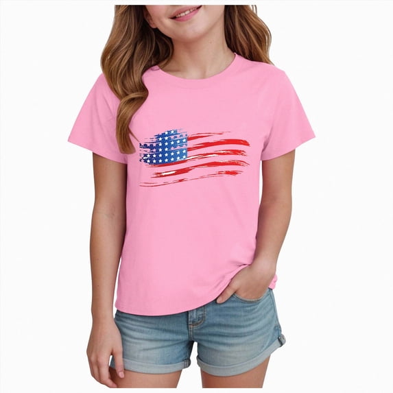 TOWED22 Girls Red White Blue Shirts 4th of July T-Shirts Summer Tee Tops for Toddler Kids 1-14 Years USA Theme(Pink,5-6 Y)