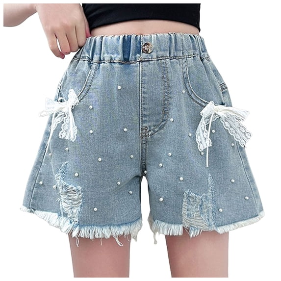 TOWED22 Girls Ripped Denim Shorts Elastic Waist Summer Casual Jeans Shorts 3-12Y(Blue,5-6 Y)