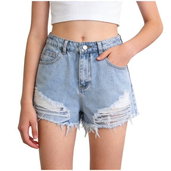 TOWED22 Girls Ripped Jean Shorts High Waisted Straight Leg Denim Shorts with Pockets(Light Blue,15-16 Y)