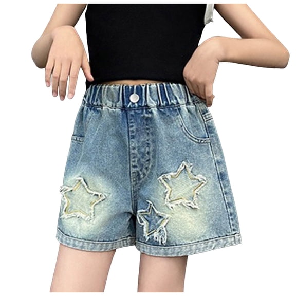 TOWED22 Girls Ripped Raw Hem Denim Shorts Elastic Waist Straight Leg Jean Shorts Casual Summer Skort(Blue,11-12 Y)