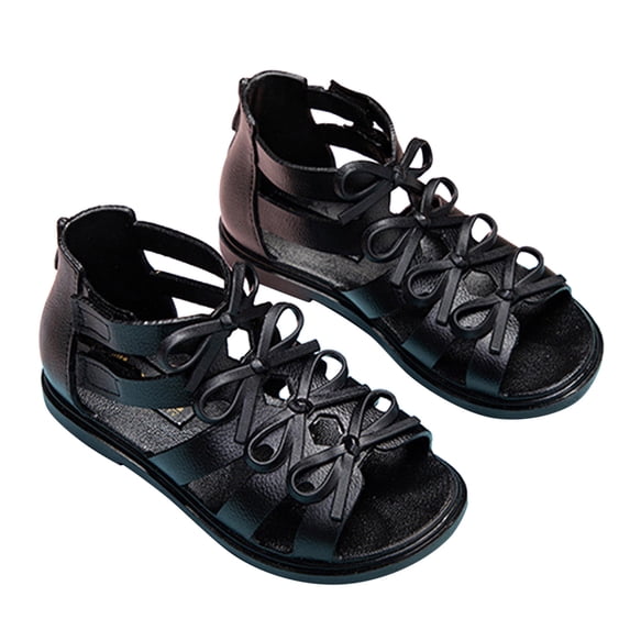 TOWED22 Girls Sandals Open Toe Cute Flats Dress Sandals Girls Comfort Soft Sole Bowknot Sandals(Black,12)