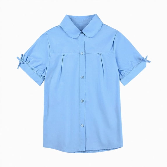 TOWED22 Girls Short Sleeve Button Down Shirts Kids School Uniform Dress Shirt Summer Blouse(Blue,15-16 Y)