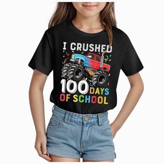 TOWED22 Girls Short Sleeve T Shirts Kids Crewneck Curve Hem Soft Tunic Tops Summer Tees 5-14 Years(Black,5-6 Y)