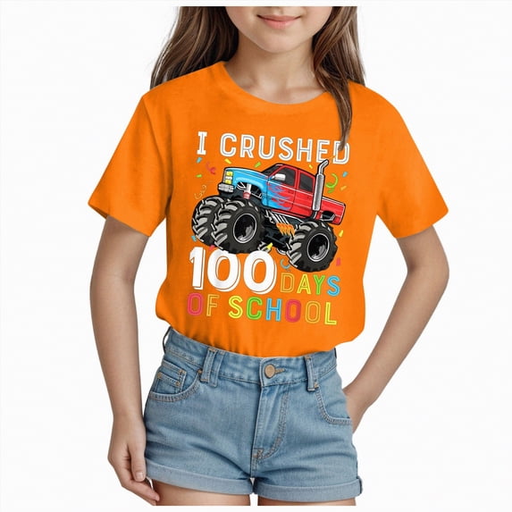 TOWED22 Girls Short Sleeve T Shirts Kids Crewneck Curve Hem Soft Tunic Tops Summer Tees 5-14 Years(Orange,13-14 Y)