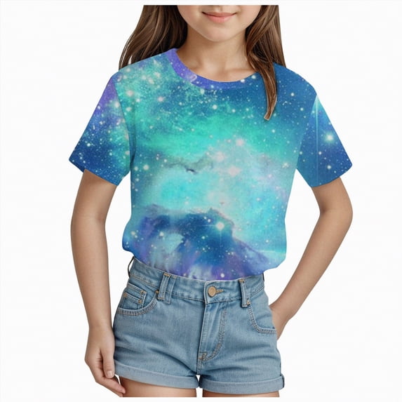 TOWED22 Girls Short Sleeve T Shirts Kids Summer Tops Crewneck Tees 5-14 Years(Sky Blue,12-13 Y)