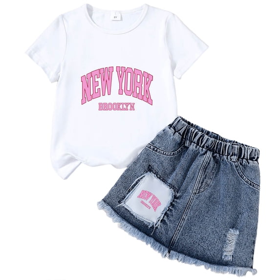 TOWED22 Girls Skirt Set Kids Toddler Girl Summer Clothes Letter Print Short Sleeve T-Shirt and Denim Skirt Summer Casual 2 Piece Outfit(A,5-6 Y)