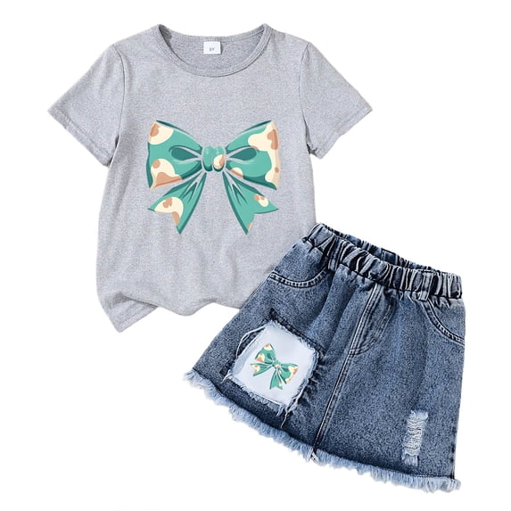 TOWED22 Girls Skirt Set Kids Toddler Girl Summer Clothes Letter Print Short Sleeve T-Shirt and Denim Skirt Summer Casual 2 Piece Outfit(Q,6-7 Y)