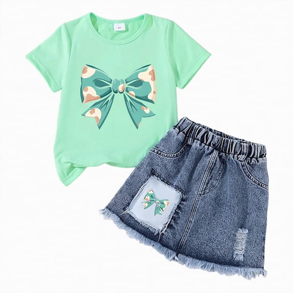 TOWED22 Girls Skirt Set Letter Print Short Sleeve T-Shirt and Denim Skirt Summer Casual 2 Piece Outfit(P,3-4 Y)