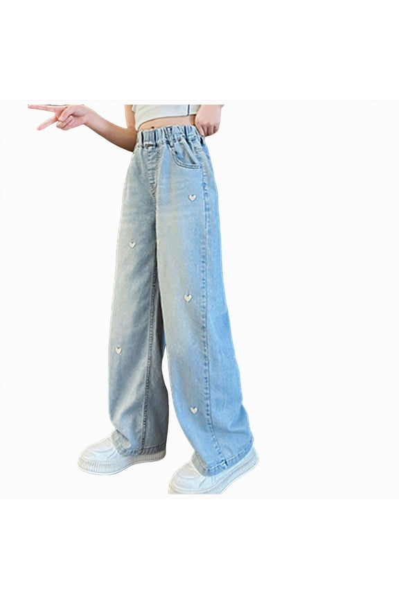 Girls Straight Leg Baggy Jeans Loose Denim Pants with Pockets Classic Casual Style Blue,12-14 Y