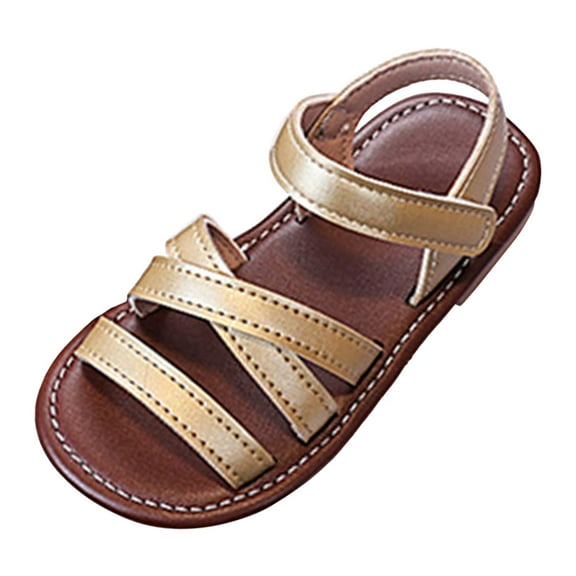 TOWED22 Girls Strap Sandals Braided Upper Flat Dress Sandals Round Open Toe Summer Shoes Little Kid/Big Kid（Gold,8）