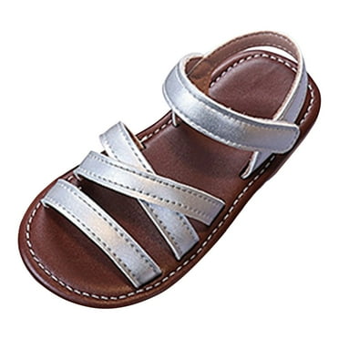 TOWED22 Girls Strap Sandals Braided Upper Flat Dress Sandals Round Open Toe Summer Shoes Little Kid/Big Kid（Silver,8）