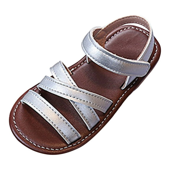 TOWED22 Girls Strap Sandals Braided Upper Flat Dress Sandals Round Open Toe Summer Shoes Little Kid/Big Kid（Silver,8）