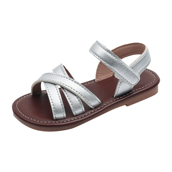 TOWED22 Girls Strap Sandals Open Toe Outdoor Flats with Hook and Loop Kid Summer Shoes for Girls（Silver,13）