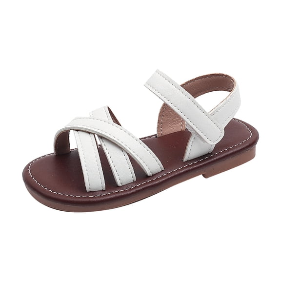 TOWED22 Girls Strap Sandals Open Toe Outdoor Flats with Hook and Loop Kid Summer Shoes for Girls（White,8.5）