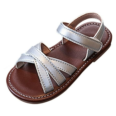 TOWED22 Girls Strappy Summer Sandals Open Toe Flats Dress Sandals Shoes Toddler/Little Kid/Big Kid（Silver,9.5）