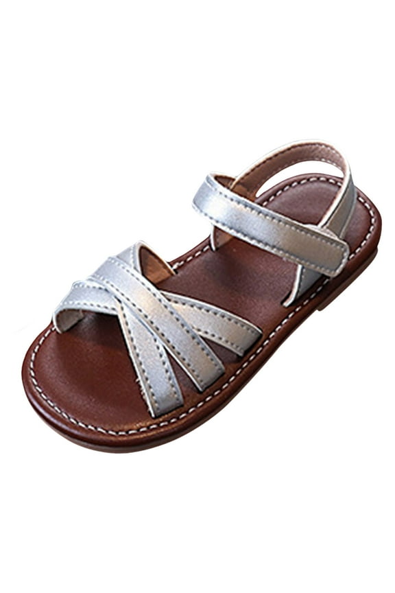 Girls Strappy Summer Sandals Open Toe Flats Dress Sandals Shoes Toddler/Little Kid/Big Kid（Silver,9.5）