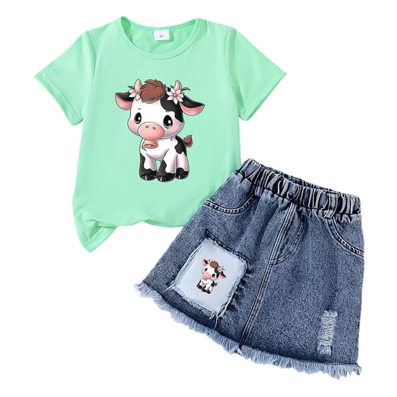 TOWED22 Girls Summer 2 Piece Outfits Short Sleeve Butterfly Print Tops and Denim Jean Skirt Sets Kids Tracksuits 3-7 Years(J,2-3 Y)
