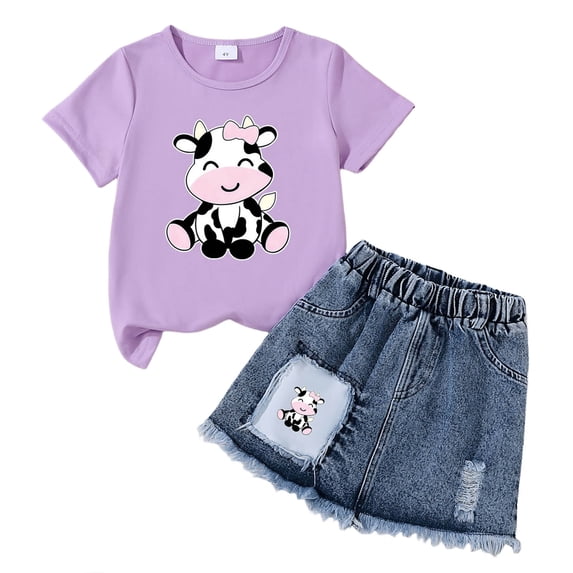 TOWED22 Girls Summer 2 Piece Outfits Short Sleeve Butterfly Print Tops and Denim Jean Skirt Sets Kids Tracksuits 3-7 Years(O,4-5 Y)