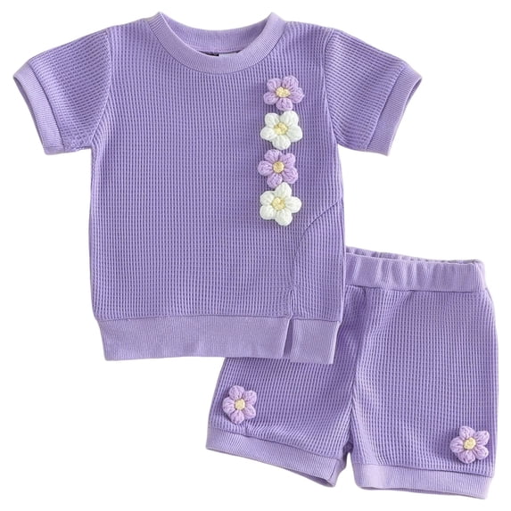 TOWED22 Girls Summer 2Pcs Clothes Set Floral Print T-Shirt + Tiered Shorts Casual Toddler Wear 4T-6T(Purple,6-12 M)
