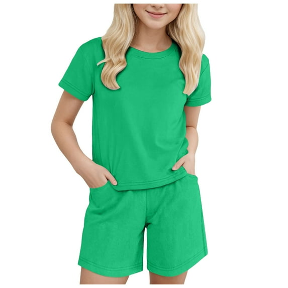 TOWED22 Girls Summer 2Pcs Outfits Solid Color Tee and Elastic Waist Shorts Casual Clothes 9M-13Y(Green,12-24 M)