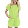 thumbnail image 1 of TOWED22 Girls Summer 2Pcs Outfits Solid Color Tee and Elastic Waist Shorts Casual Clothes 9M-13Y(Mint Green,8-9 Y), 1 of 9