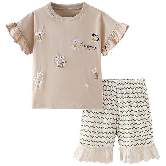 TOWED22 Girls Summer 2Pcs Set Floral Detail T-Shirt and Soft Shorts Cute Play Outfits 5Y-10Y(Khaki,5-6 Y)