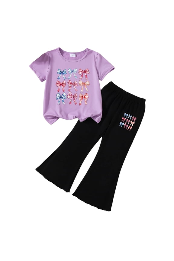 Girls Summer Clothes Outfit Sweet 2Pcs Casual Set Tied Shoulder Tee High Waist Flare Pants O,6-7 Y
