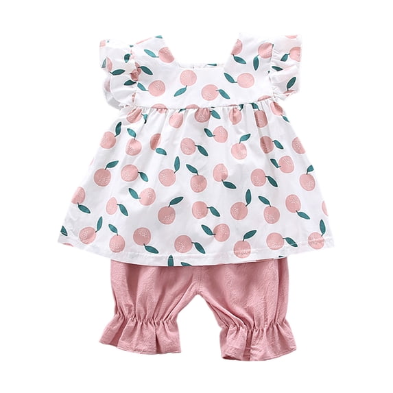 TOWED22 Girls Summer Outfits 2 Piece Clothes Toddler Baby Girl Flutter Sleeve Strawberry Top & Denim Shorts 2-7Y(Pink,18-24 M)