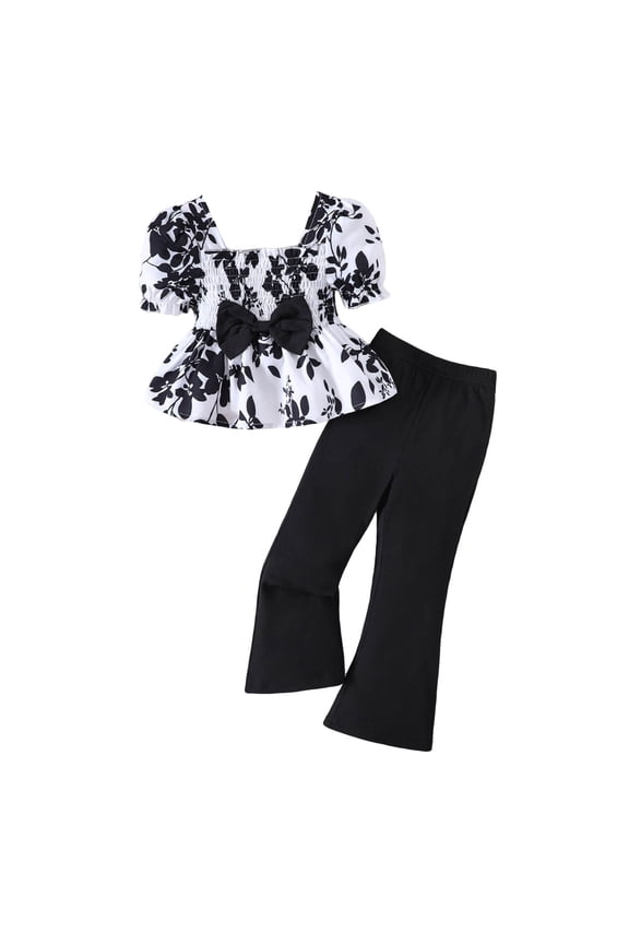 Girls Summer Outfits Casual Clothes Set Sweet Floral Ruffle Hem Tee Flared Pants Black,4-5 Y
